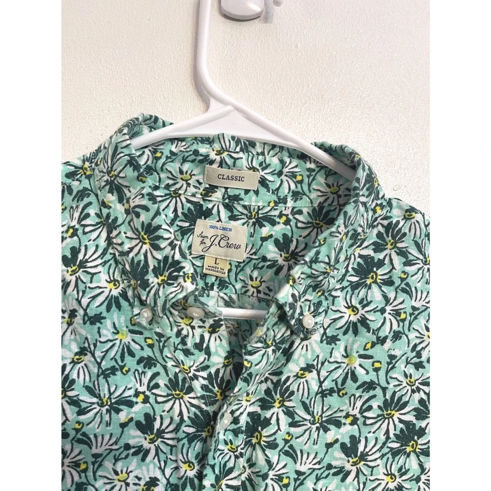 J.Crew Mens 100% Linen Daisy Floral Shirt Short Sleeve Green Button Down Size L